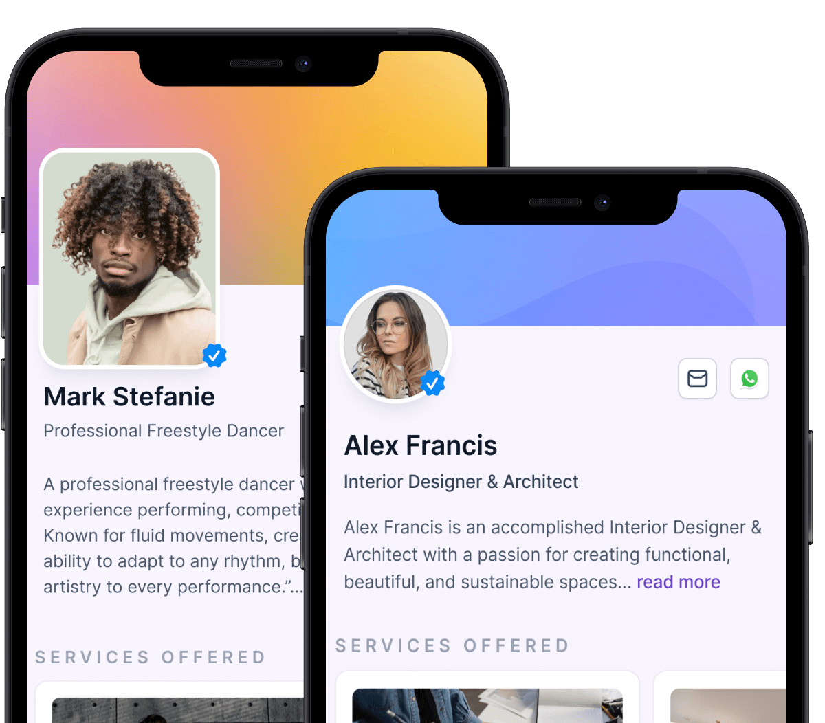 Mobile phone mockups showing profile pages